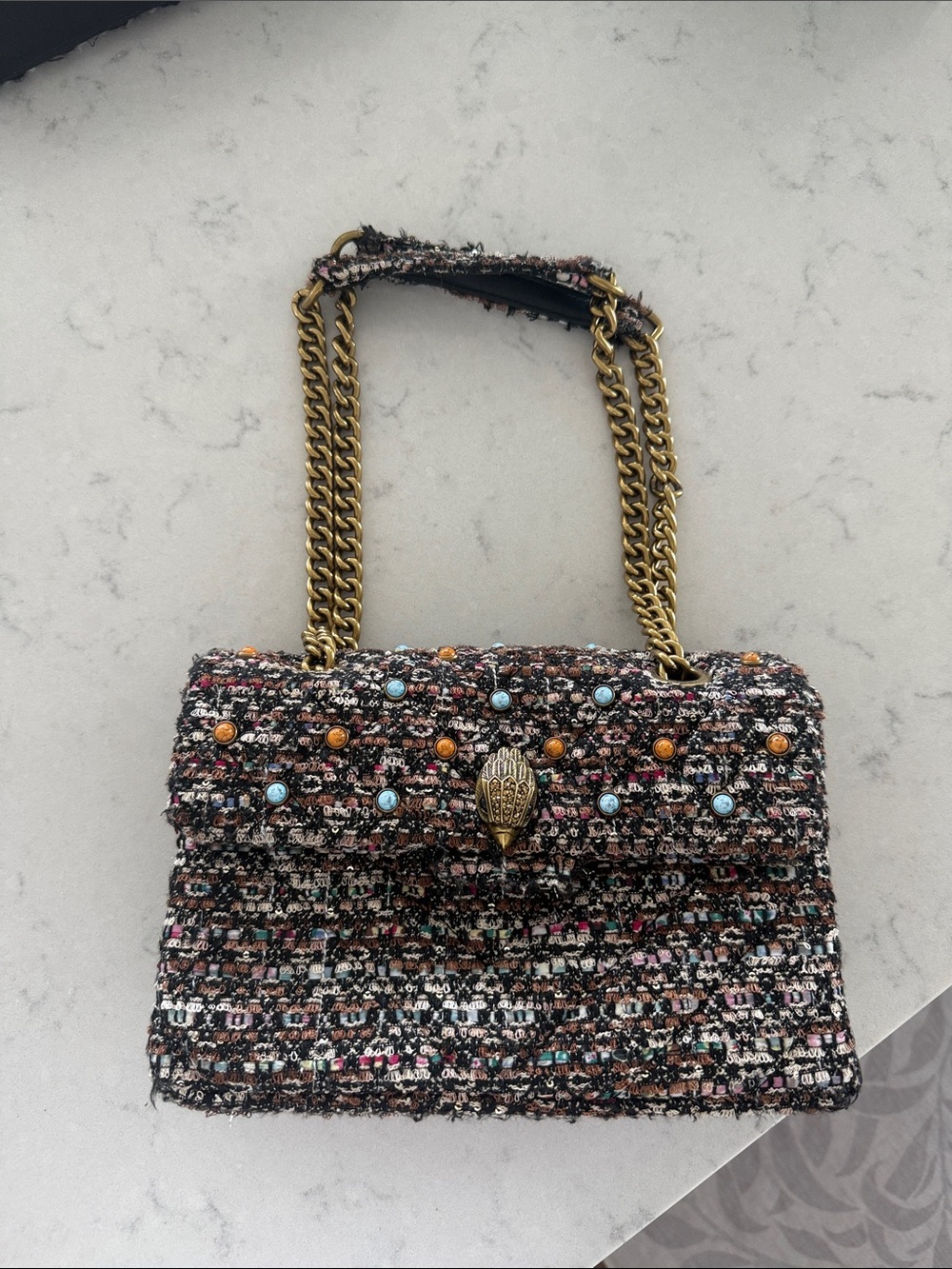 Kurt Geiger Tweed Shoulder Bag with Gold Chain and Multicolored Studs